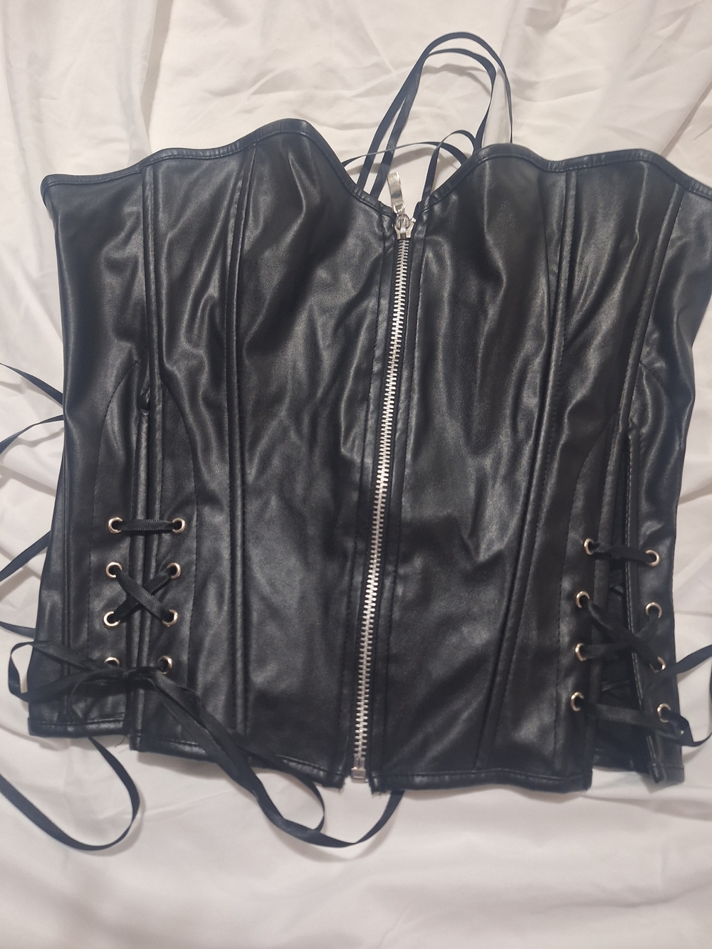 Source Unknown Black Faux Leather Corset Top with Front Zipper